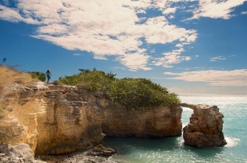 a man standing on top of a cliff in the ocean at ATOAS - Lovely Vacation Retreat with Pool and Barbecue 5 min to Boqueron and Beaches in Cabo Rojo