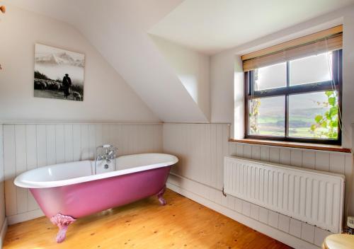 a pink bath tub in a room with a window at Cae Ceiniog in Dolgellau