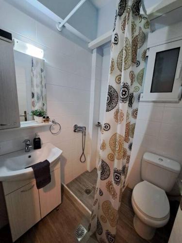 a bathroom with a toilet and a sink and a shower at Lydia's cozy house in Paradeísion