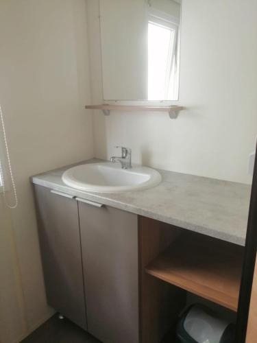 une salle de bain avec un lavabo et un miroir dans l'établissement Mobil Home St Jean De Monts A166, à Saint-Jean-de-Monts