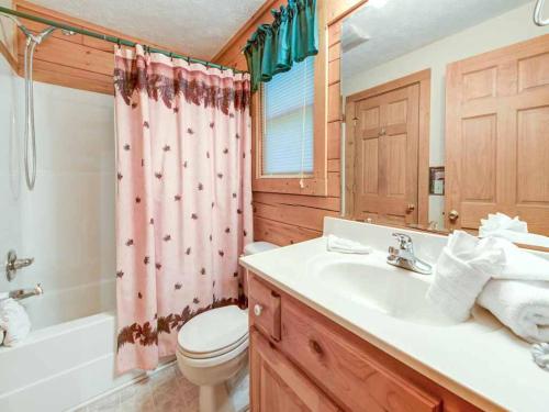 a bathroom with a sink and a toilet and a shower at Idle Days, 2 Bedrooms, Sleeps 8, Pool Table, Grill, Pool Access, WiFi in Gatlinburg