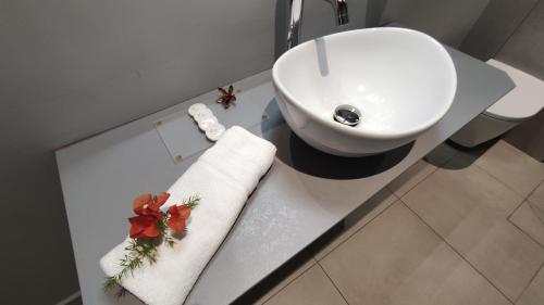 a bathroom counter with a sink and a towel at Hotel - Résidence Habitation Grande Anse in Deshaies