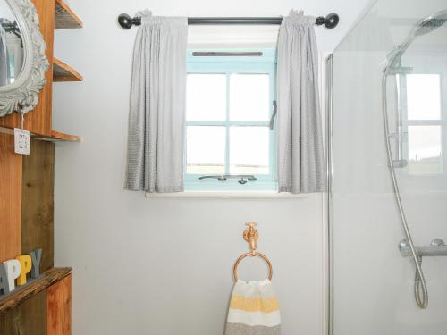 a bathroom with a shower and a window at Elsie's Hut in Bude