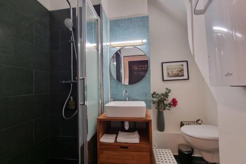 une salle de bain avec un lavabo et une douche dans l'établissement La Cabane de Milo - Typical Honfleur fisherman's house - 2 bedrooms, à Honfleur