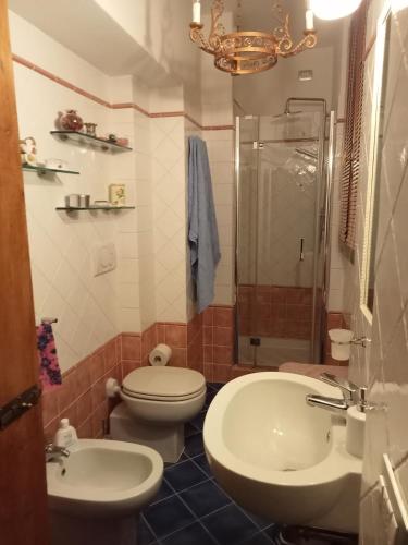 La salle de bains est pourvue de toilettes, d'un lavabo et d'une douche. dans l'établissement casamachiavelli, à San Casciano in Val di Pesa