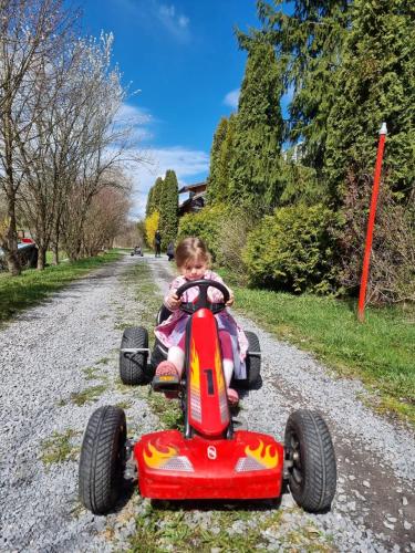 a little girl riding a toy car on a road at Pensiunea Casa Romantic in Sovata