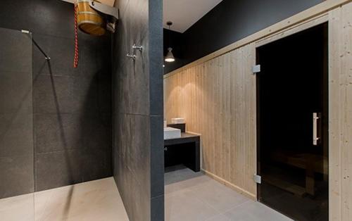 a bathroom with a shower and a sink and a shower door at FALE BAŁTYKU in Gdańsk