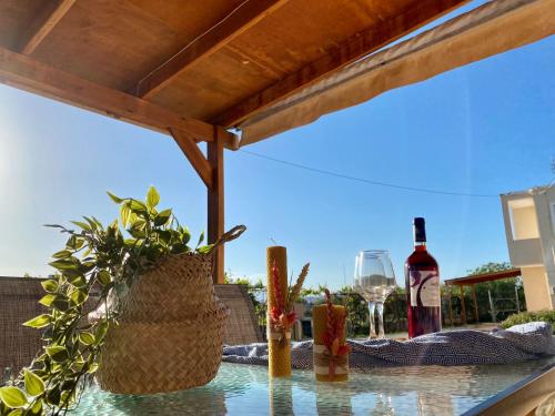 una mesa con una botella de vino y una copa en Peaceful Apartment, in the nature, with yard "3" en Zipárion