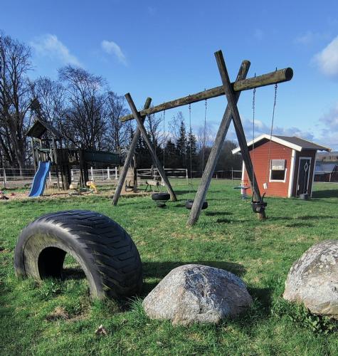 un parque infantil con un neumático y un columpio en Stuga utanför Skövde 1, en Skövde