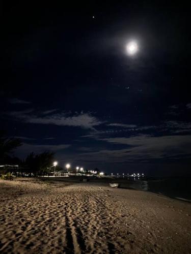 a beach at night with the moon in the sky at La Casa en Celestun in Celestún