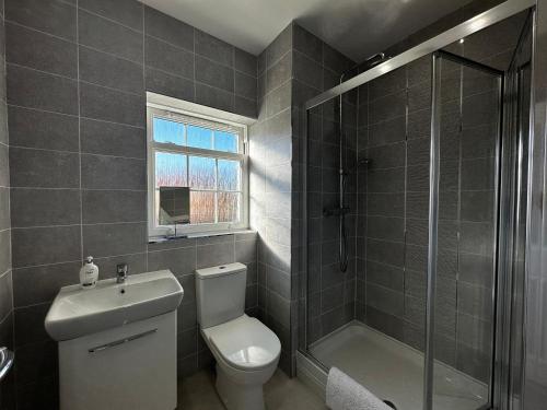 a bathroom with a toilet and a sink and a shower at High Mill House in Scarborough