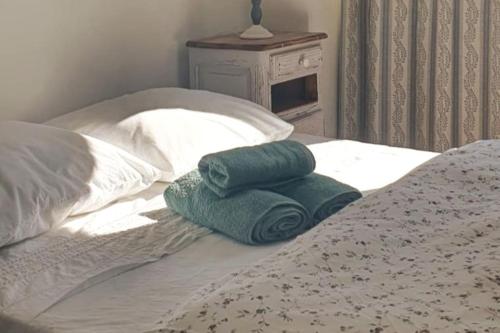 twee groene handdoeken bovenop een bed bij Le Provencou in Tulette