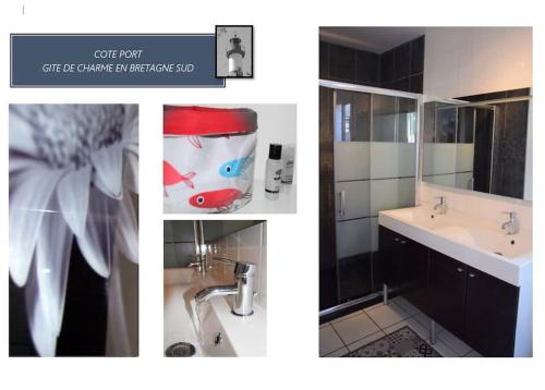 un collage de trois photos d'une salle de bains dans l'établissement Maison de charme avec piscine, à Clohars-Carnoët