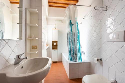 a bathroom with a sink and a shower curtain at La Casa nel Borgo 418 con garage in Montespertoli