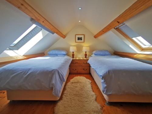 莫芬妮芬的住宿－Tan Y Ffordd，阁楼卧室设有两张床和天窗。