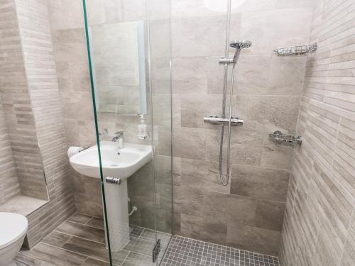 a bathroom with a shower with a sink and a toilet at Skomer Cottage in Haverfordwest