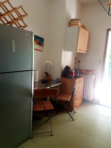 Il comprend une cuisine équipée d'un réfrigérateur et d'une table avec des chaises. dans l'établissement LAUTRE, à Joyeuse