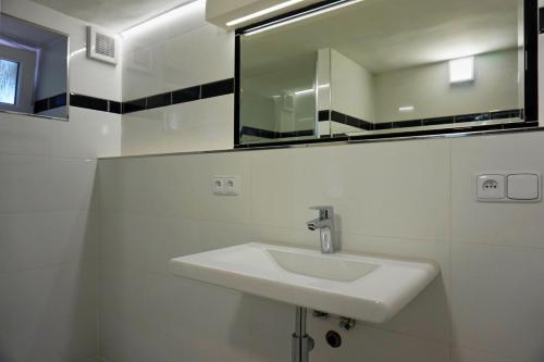 a bathroom with a white sink and a mirror at Prázdninový dům-Pension ROLIMPEX in Podkopná Lhota