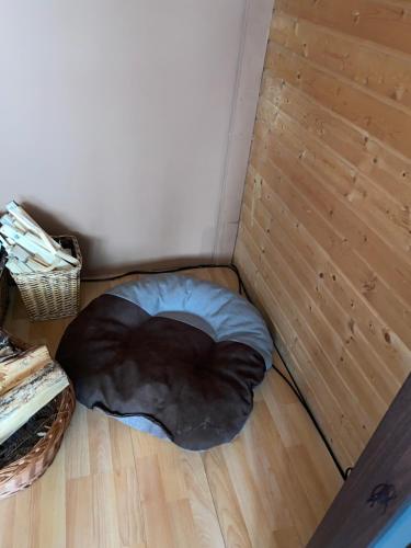 uma cama de cão no chão de um quarto em Chata u certovych hlav 3 em Želízy