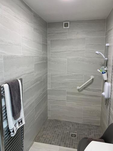 a bathroom with a shower with gray tiles at Bridgeview B&B in Ennis