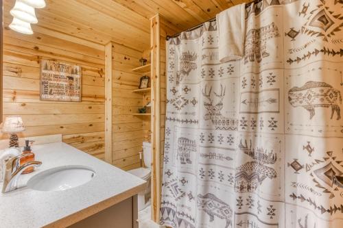 a bathroom with a shower curtain and a sink at John Lake Lodge in Rhododendron