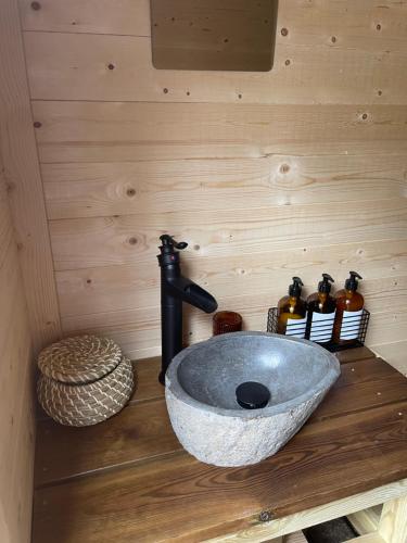 a bathroom with a sink in a wooden wall at Le Hameau in Florent-en-Argonne