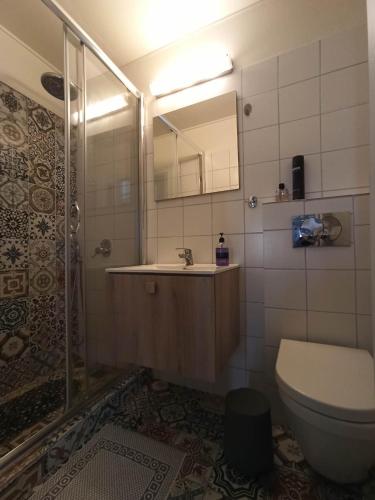 a bathroom with a shower and a toilet and a sink at Avli Townhouse in Skopelos Town