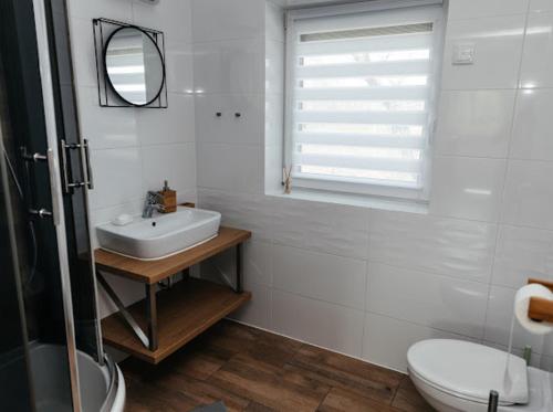 ein Badezimmer mit einem Waschbecken, einem WC und einem Spiegel in der Unterkunft Korcza in Inwałd