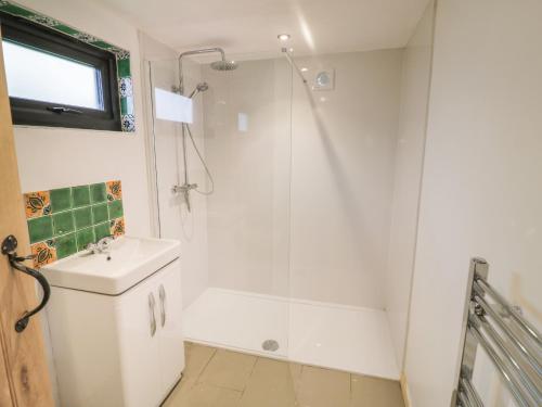 een witte badkamer met een douche en een wastafel bij Dragonfly in Rugby