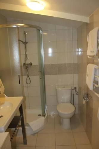 een badkamer met een douche, een toilet en een wastafel bij Dolina Bugu Kodeń in Kodeń