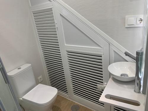 a white bathroom with a toilet and a sink at Casa Moralzarzal jardin Sierra Madrid in Moralzarzal