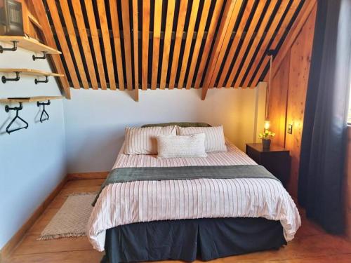 a bedroom with a bed and a wooden ceiling at The Red Door Mountain Cabin in Guadalupe