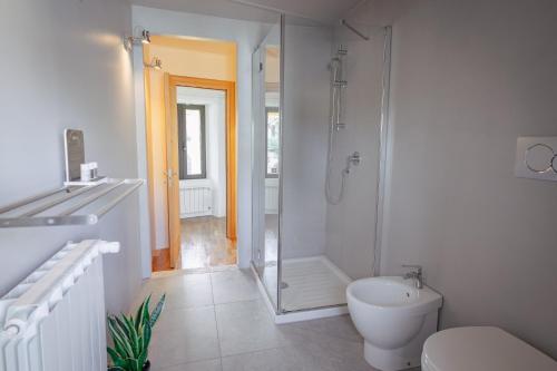 La salle de bains blanche est pourvue d'une douche et de toilettes. dans l'établissement CASA OPICINA - Elegante appartamento in VILLA CARSICA, à Villa Opicina
