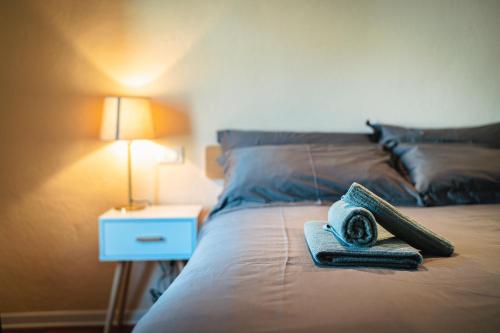 a bed with a towel and a remote control on it at CASA OPICINA - Elegante appartamento in VILLA CARSICA in Villa Opicina