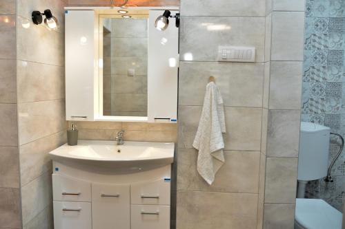 a bathroom with a sink and a mirror at Apartman Lenka in Arandjelovac