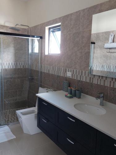 a bathroom with a sink and a shower and a toilet at PYRAMID JOY, 2 Bedroom Villa, Ocho Rios, Jamaica in Ocho Rios