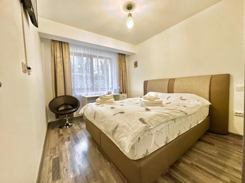 a bedroom with a bed with a chair and a window at Green terrace in Brasov in Braşov