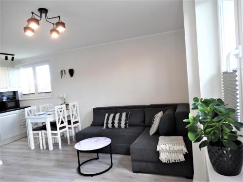 ein Wohnzimmer mit einem schwarzen Sofa und einem Tisch in der Unterkunft Apartament Centrum Świnoujście in Świnoujście
