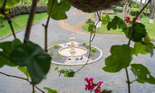 a fountain in the middle of a garden with pink flowers at Hotel Hacienda Santa Clara in Santa Rosa de Cabal