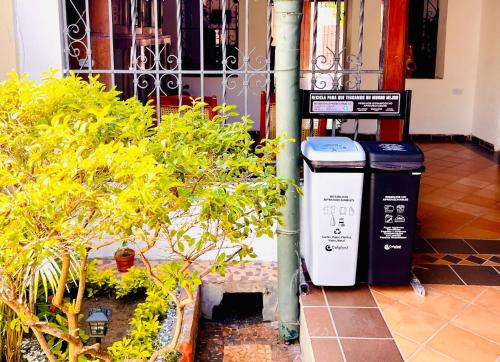 a couple of trash cans sitting next to some plants at Hotel Villa de Mompox in Mompos