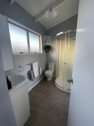 La salle de bains est pourvue d'une douche, de toilettes et d'un lavabo. dans l'établissement Home with a view, à Otorohanga
