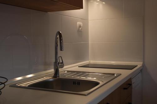 uma cozinha com um lavatório e uma bancada em G House em Dutovlje