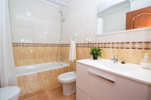 フリヒリアナにあるBonito apartamento en Frigilianaのバスルーム(洗面台、トイレ、バスタブ付)