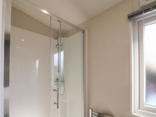 a shower with a glass door in a bathroom at Foxglove Lodge in Saltburn-by-the-Sea