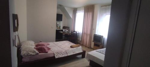 una piccola camera con letto e televisore di Apartment Ivaylo a Varna