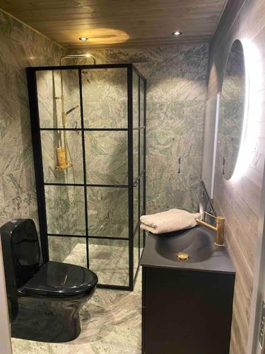 a bathroom with a black toilet and a glass shower at Vackert fjällhus med underbar utsikt in Järvsö