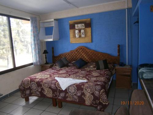 1 dormitorio con 1 cama en una pared azul en La Casa Azul Hostal y Pension - Cordoba en Xalapa