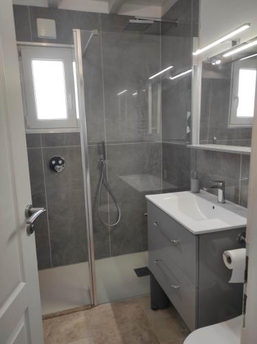 a bathroom with a shower and a sink at Chalet 60m² entièrement climatisé in Gassin