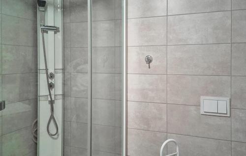 una doccia con porta in vetro in bagno di Vacation apartment a Hornnes