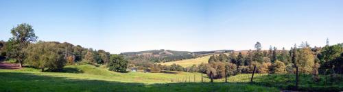 a grassy hill with trees and a field in the distance at Glamping Pod 2 Magical Craigengillan Estate in Dalmellington